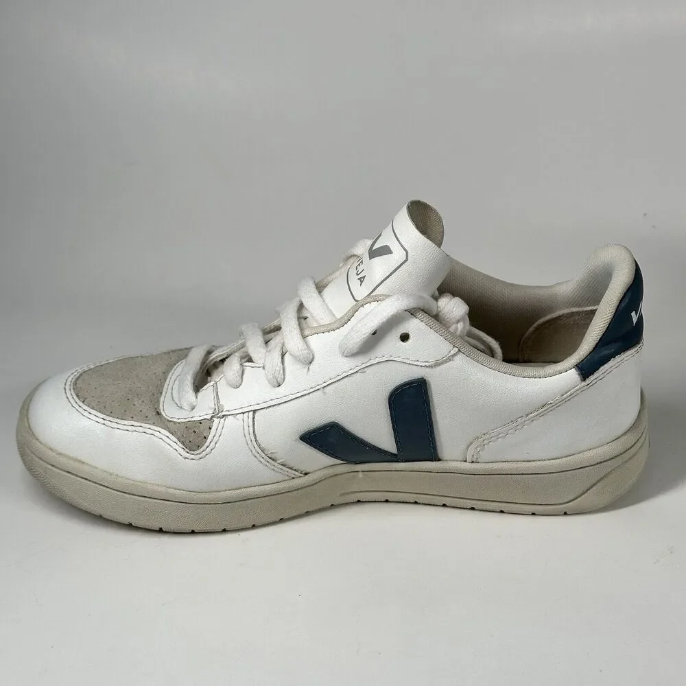 Veja Shoes Women Size 7 V-10 CWL California White Blue Logo Leather Sneakers - Picture 8 of 16